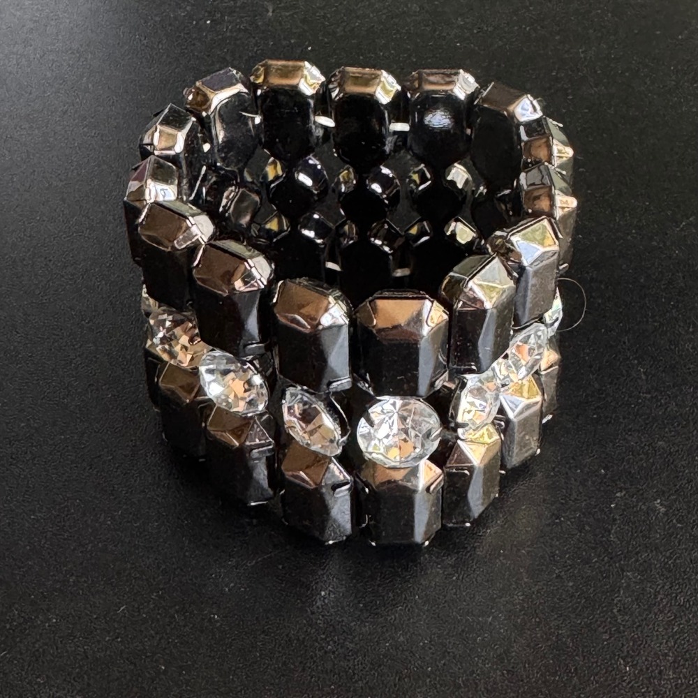 Gunmetal Hematite Rhinestone Stretch Bracelet Set 2 Piece Gray Clear Sparkly